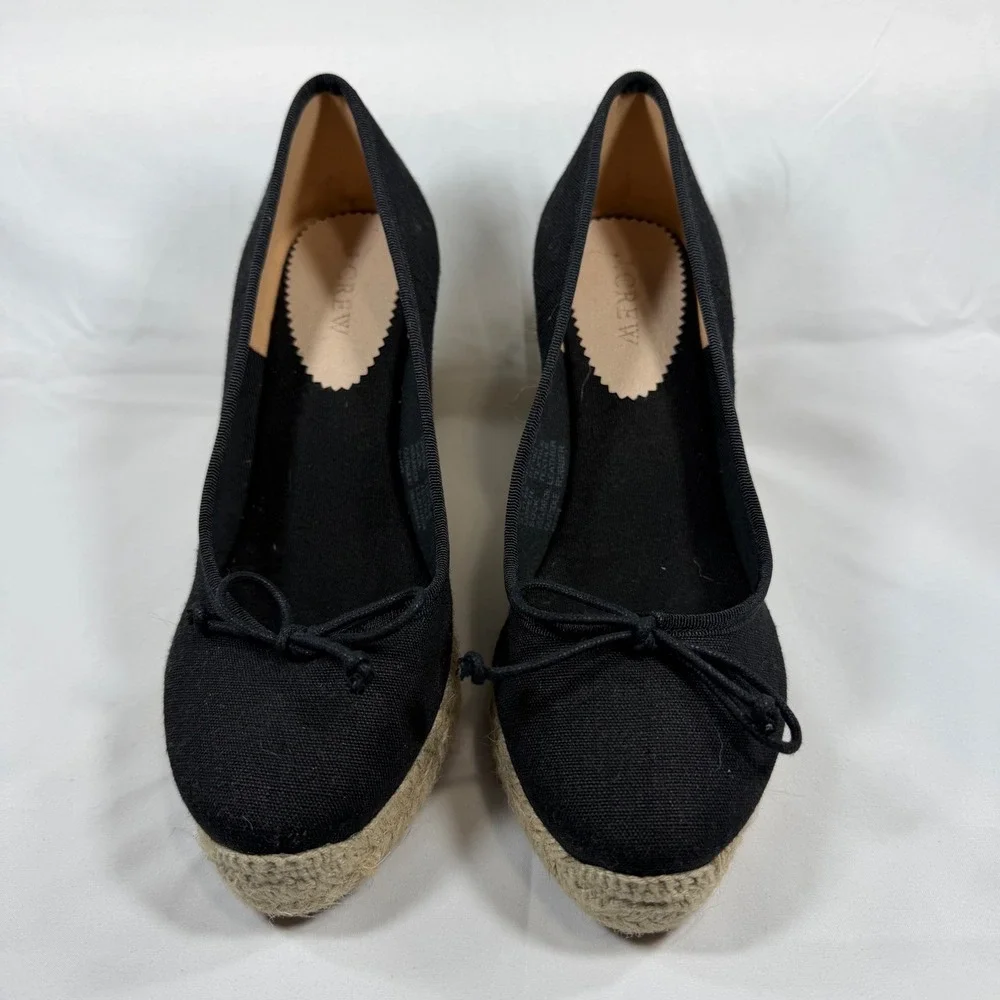 J. Crew Seville Black Canvas Espadrille Wedge Pumps Bow Detail Made in Spain